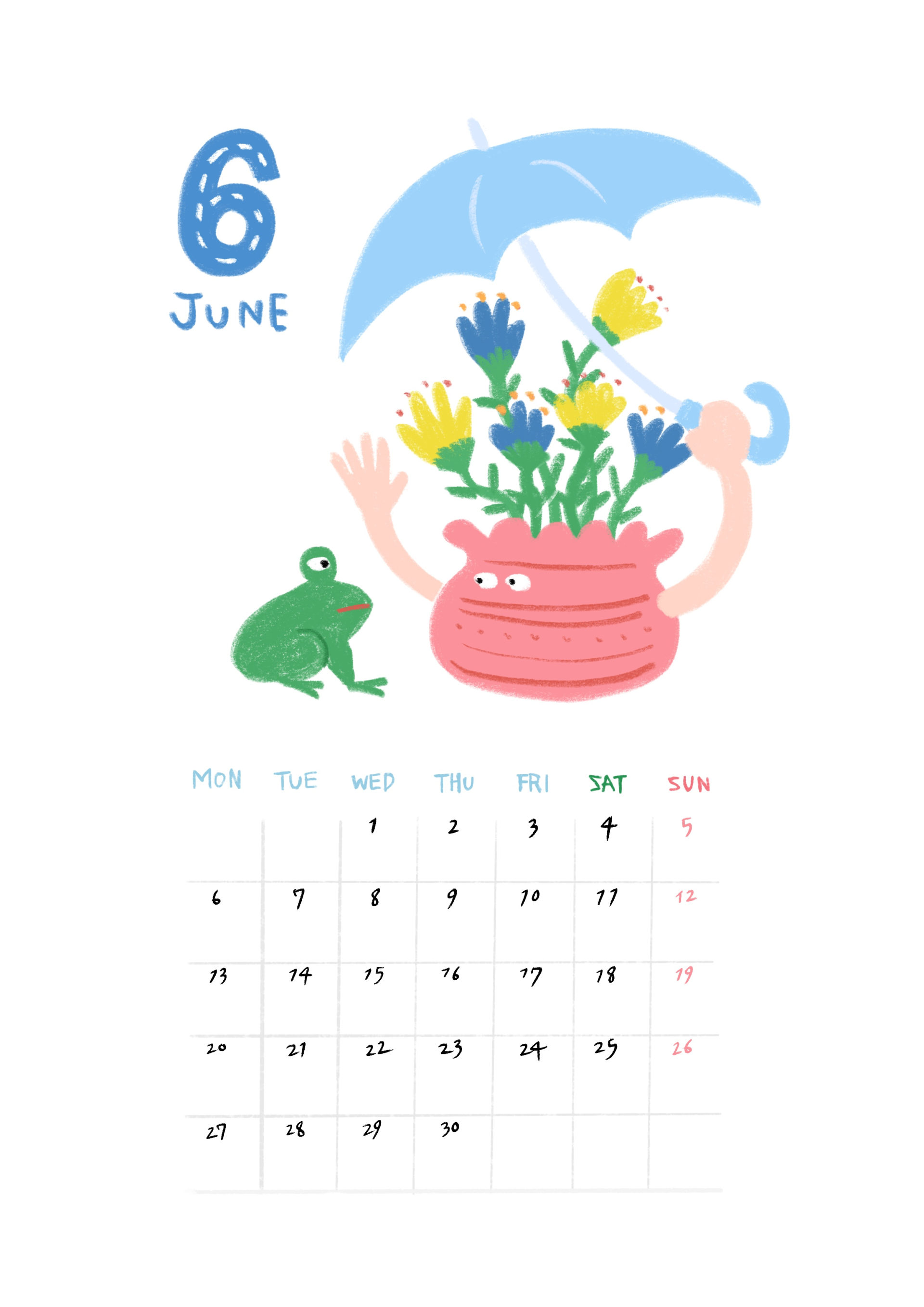 カエルと傘をさしている植木鉢のイラストが描かれた2022年7月カレンダー Illustration by ONATSU