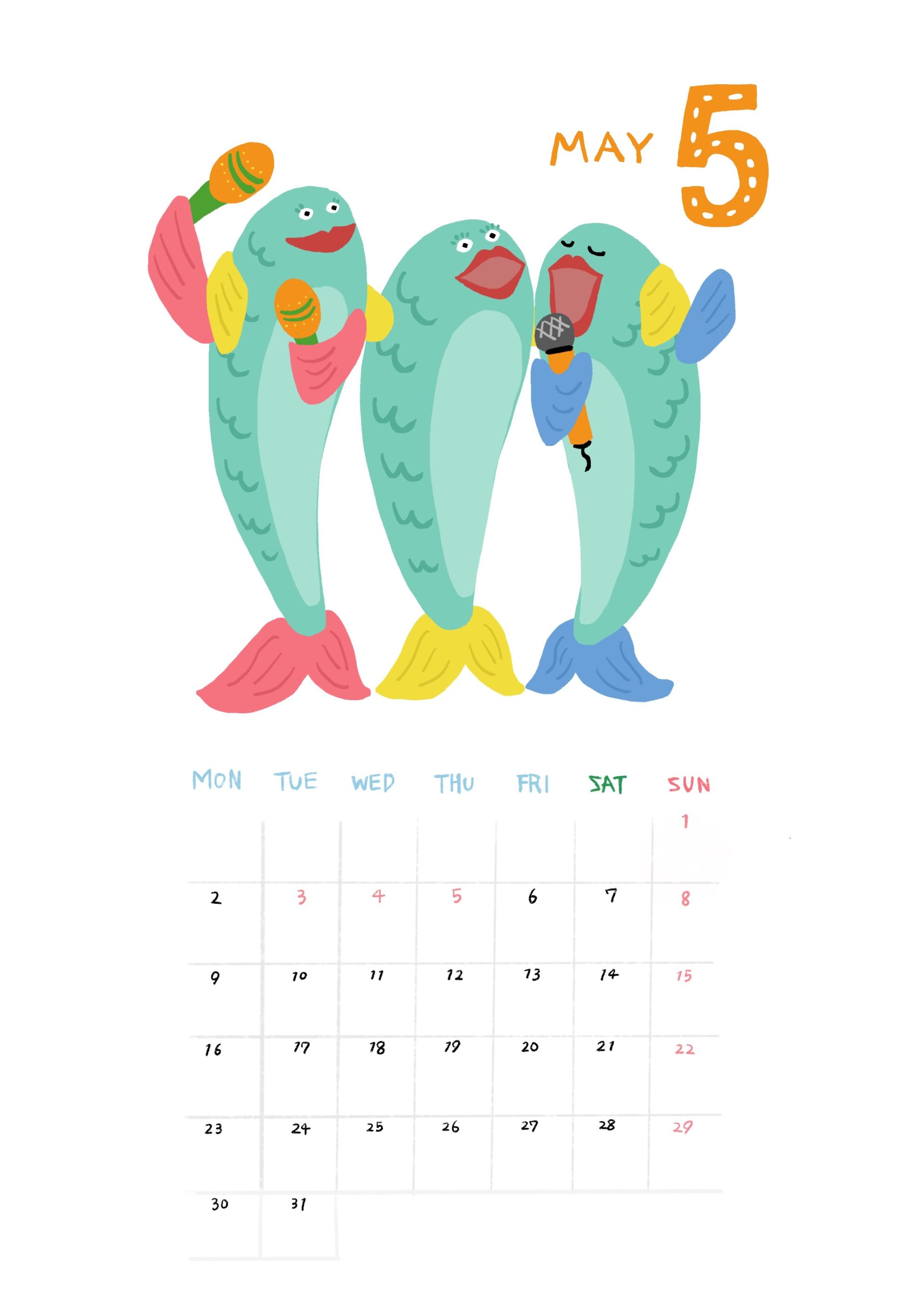 魚が楽しく歌っているイラストの2022年7月カレンダー Illustration by ONATSU
