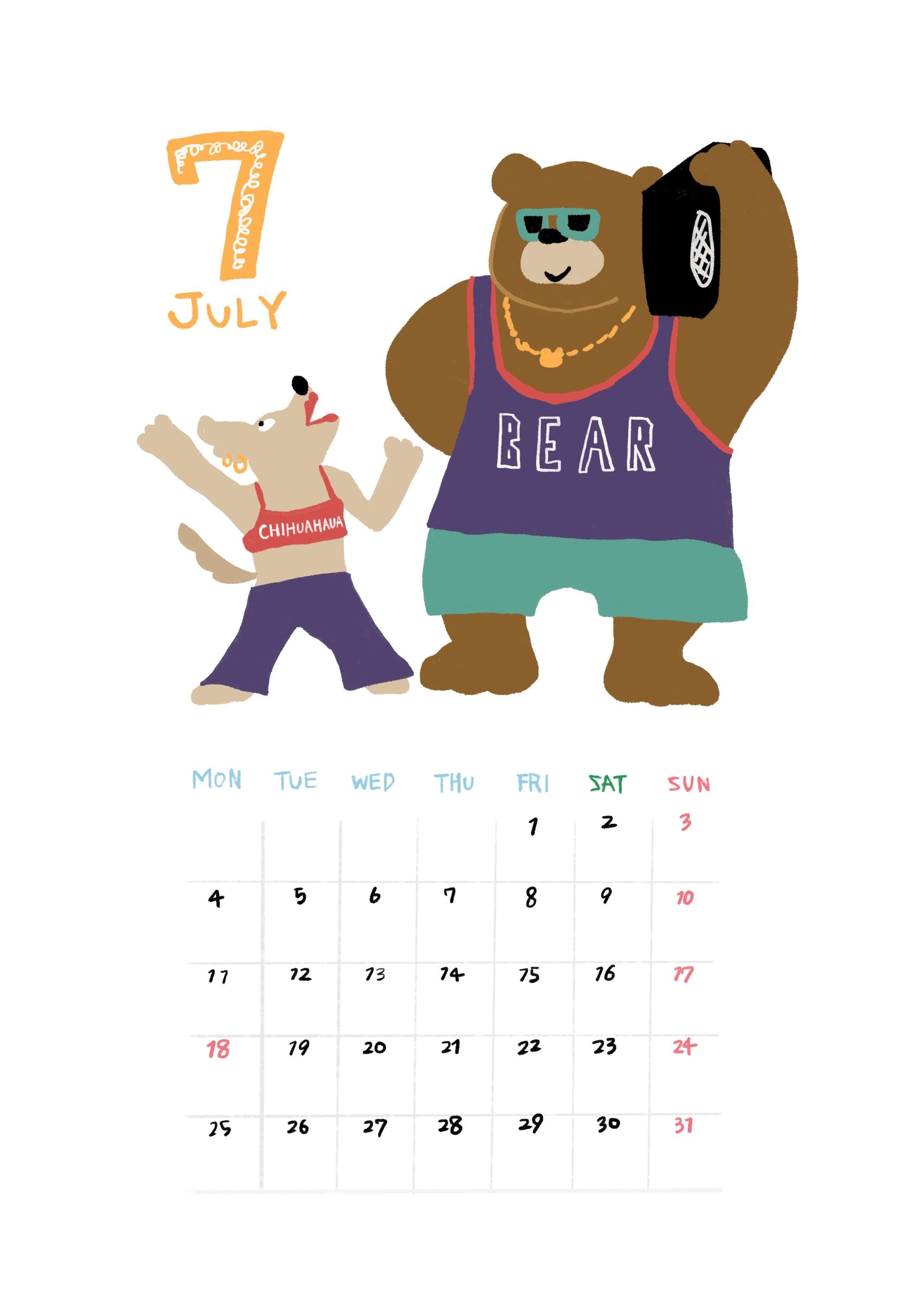 クマとチワワがノリノリなイラストの2022年7月カレンダー Illustration by ONATSU