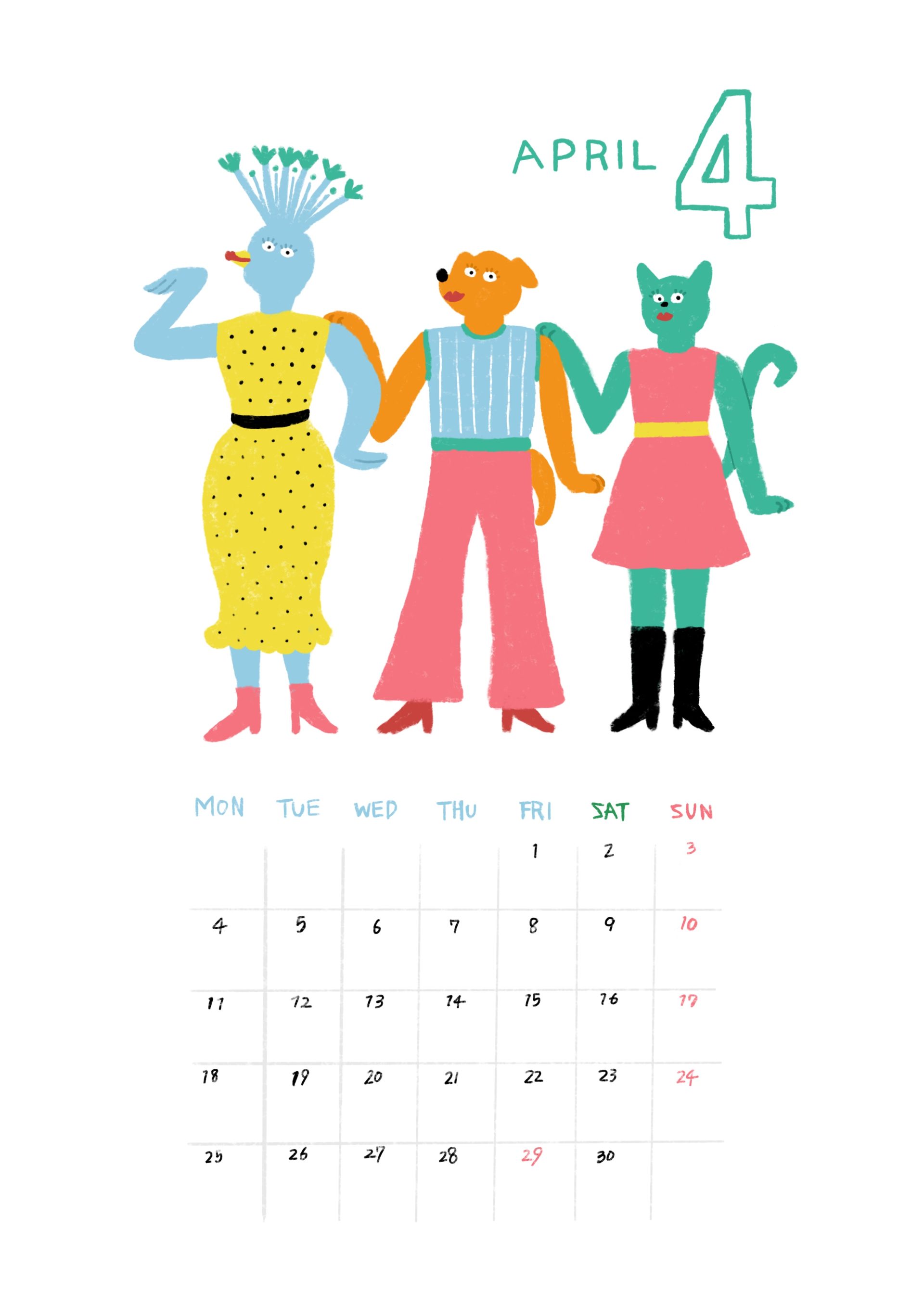 鳥と犬と猫がおしゃれをしているイラストの2022年7月カレンダー Illustration by ONATSU