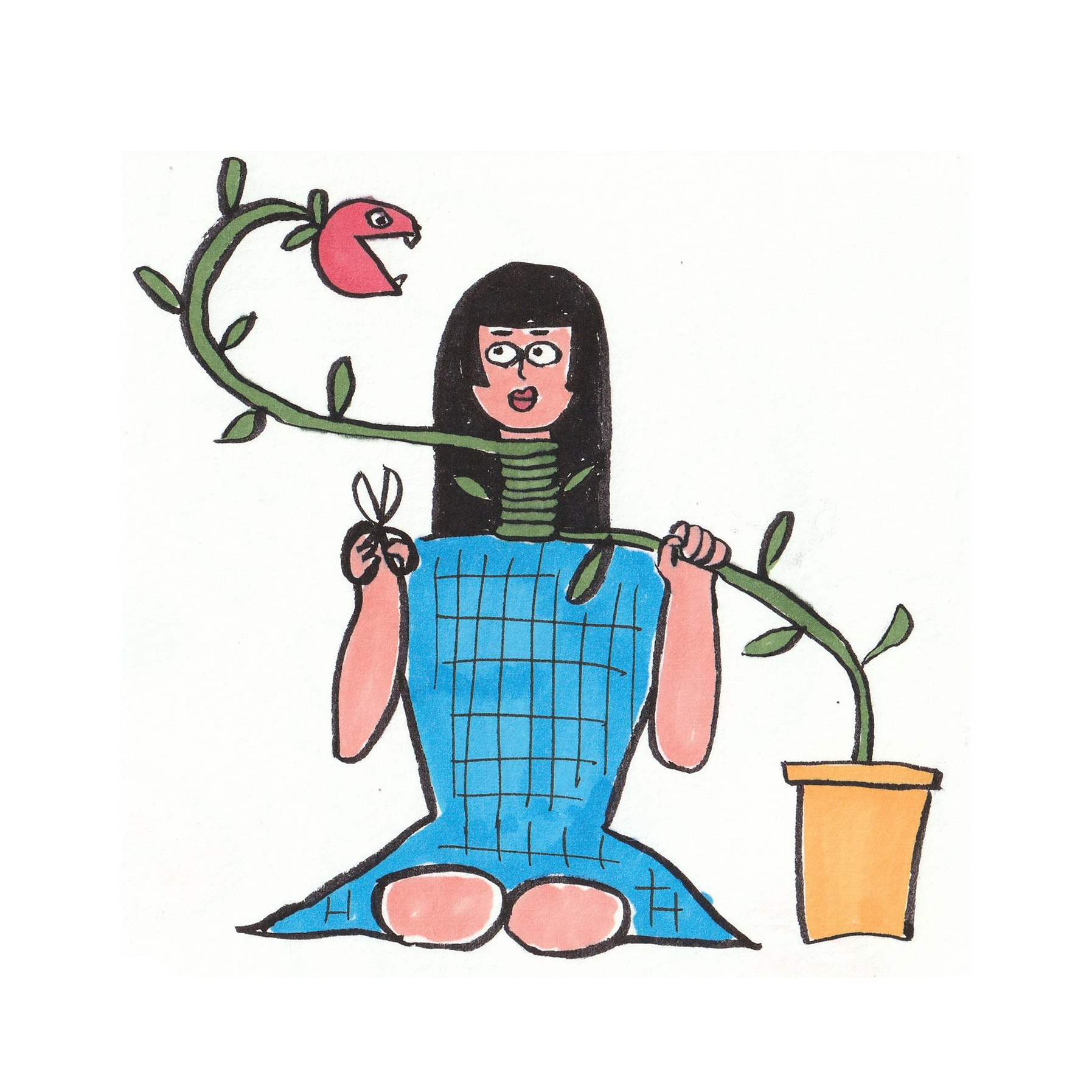 食虫植物と女性が睨み合っているイラスト